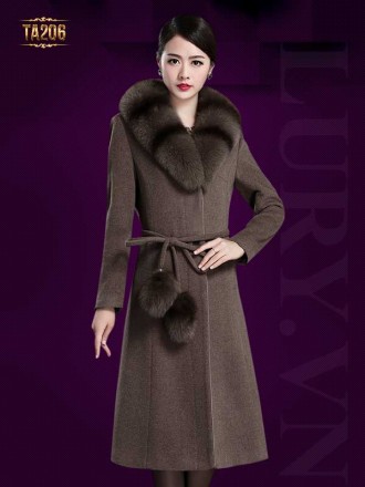Áo choàng dạ cổ lông chồn cao cấp TA206 (Nâu)